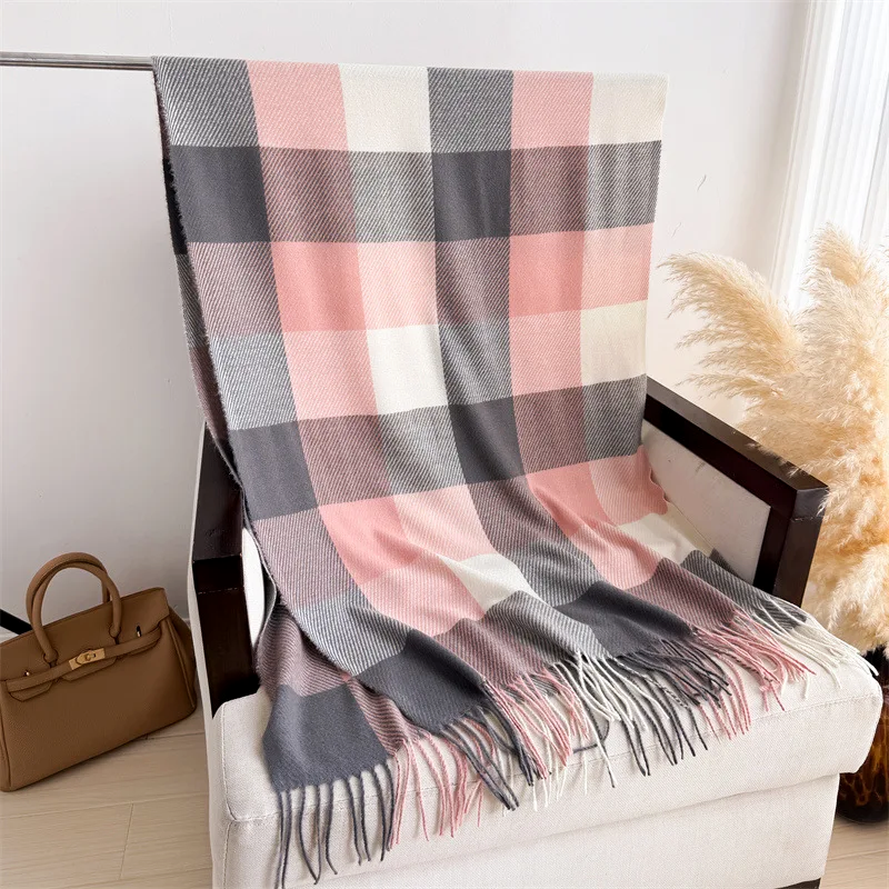Large Plaid Scarf with Fringe Ends