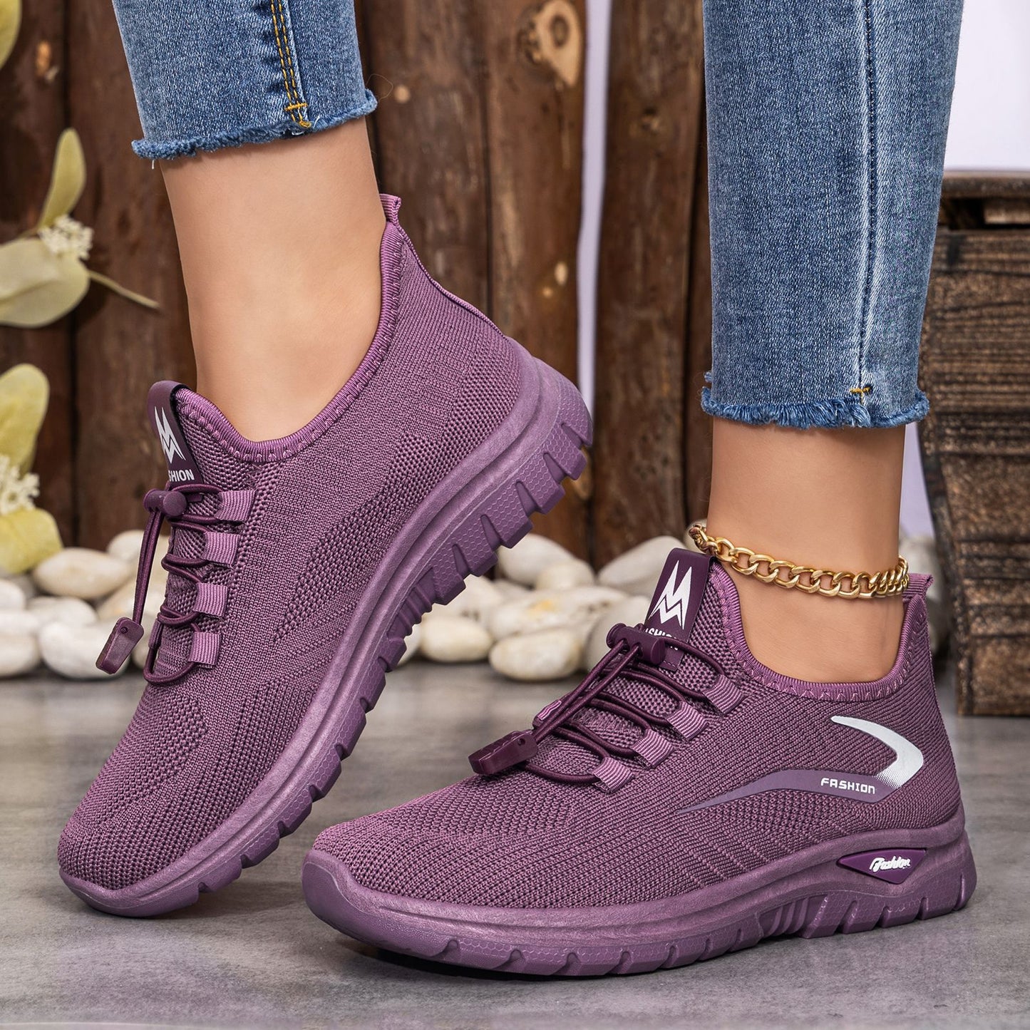 Elara - Women's Knit Outdoor Sneakers, Solid Color Versatile Running Shoes