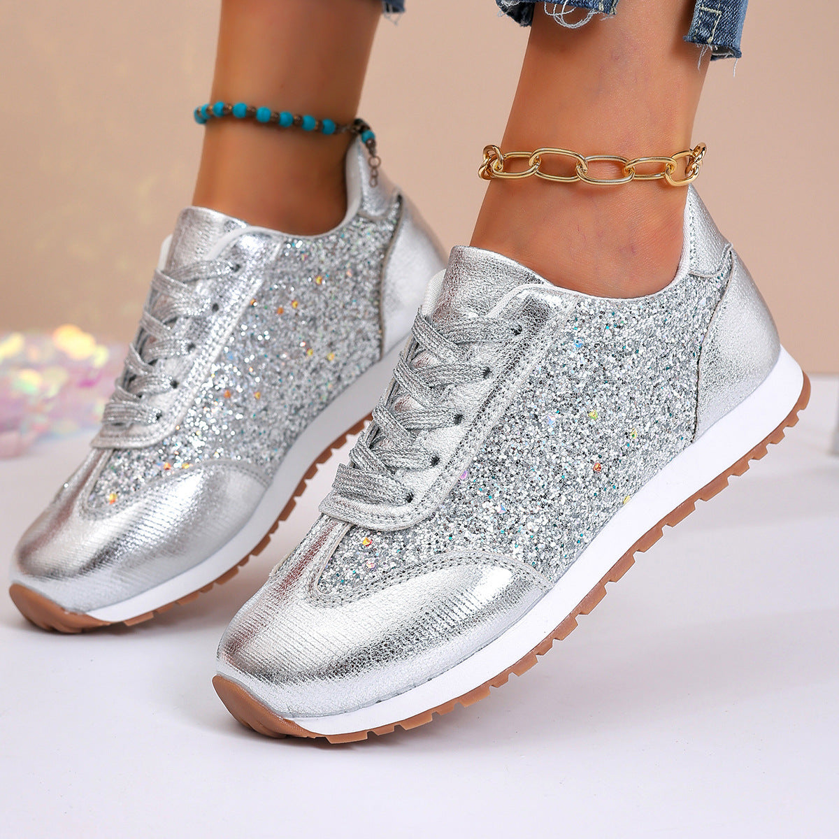 Lyra - Women's Sequin Dad Sneakers, Sparkly Platform Casual Shoes