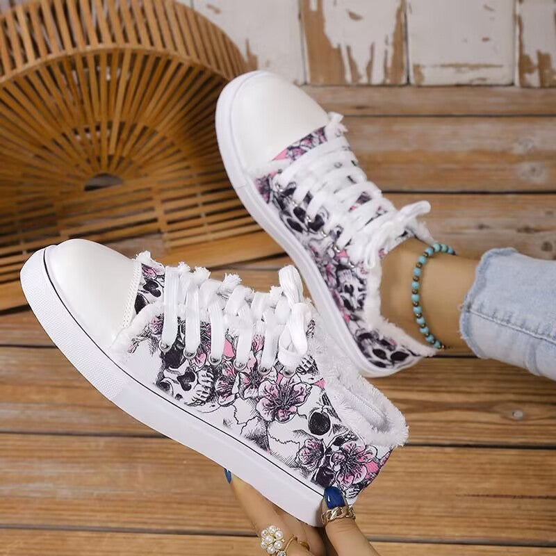 Zara - Women's Graffiti Print Lace-Up Sneakers, Trendy Hip-Hop Casual Shoes