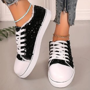 Mia - Women's Sequin Round-Toe Lace-Up Sneakers, Sparkly Casual Flats