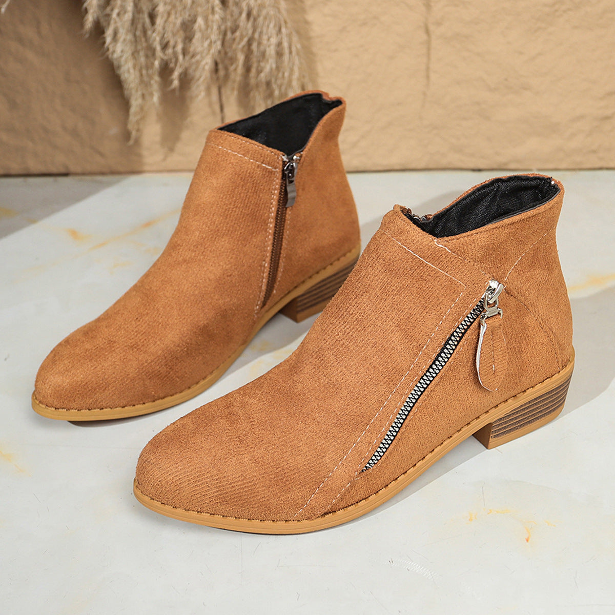 Nora - Women's Suede Chunky Heel Ankle Boots, Side-Zip Booties