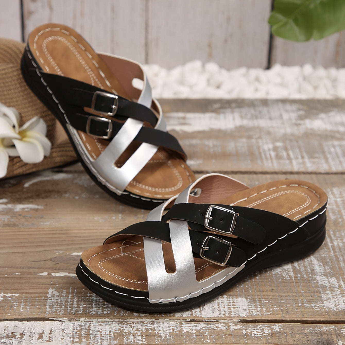 Talia - Women's Crossover Platform Slides, Buckle Strap Comfort Sandals