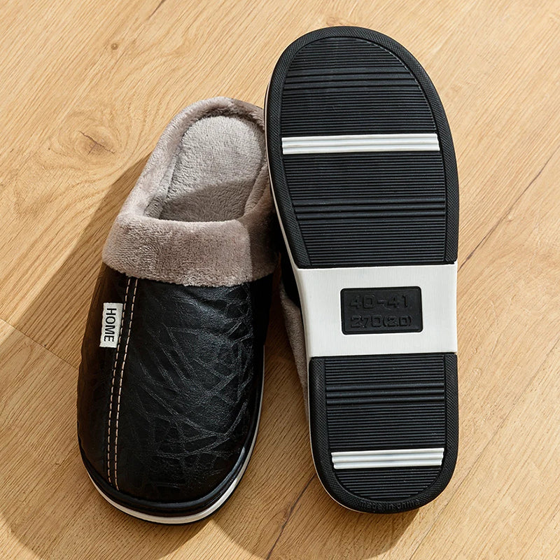Men’s Faux Leather Indoor Slippers with Plush Lining
