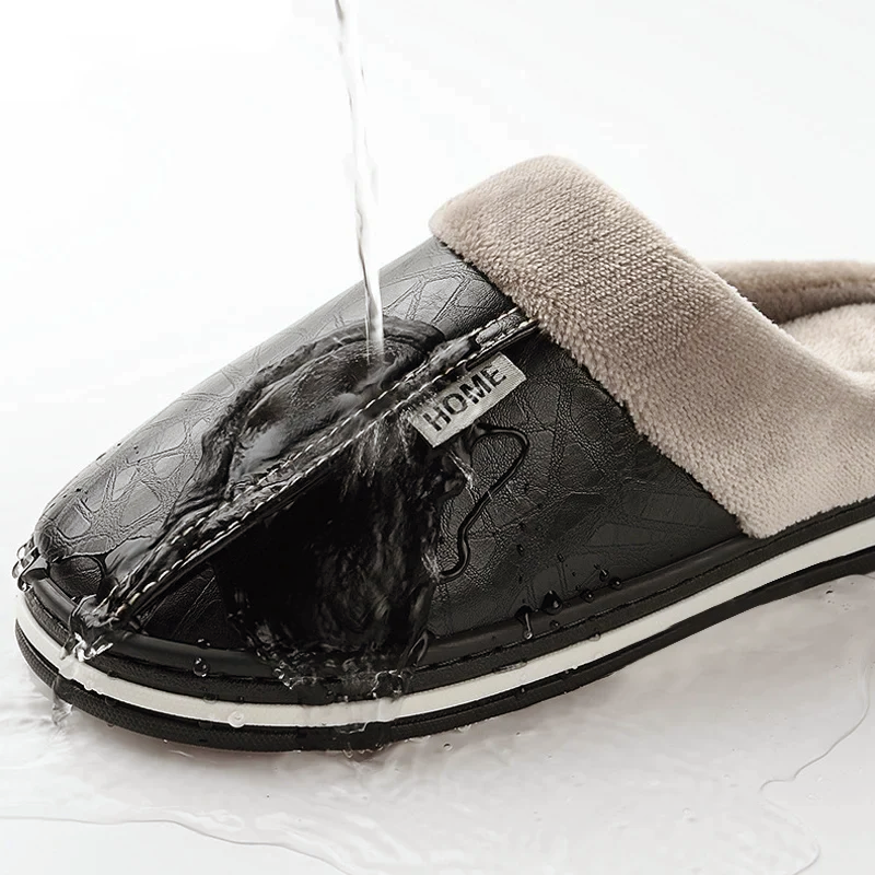 Men’s Faux Leather Slip-On Home Slippers with Plush Lining