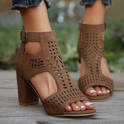 Wren - Women's Cut-Out Roman Heel Sandals, Open-Toe Block Heel Shoes