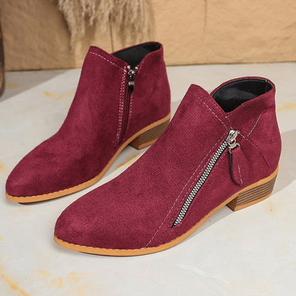 Nora - Women's Suede Chunky Heel Ankle Boots, Side-Zip Booties