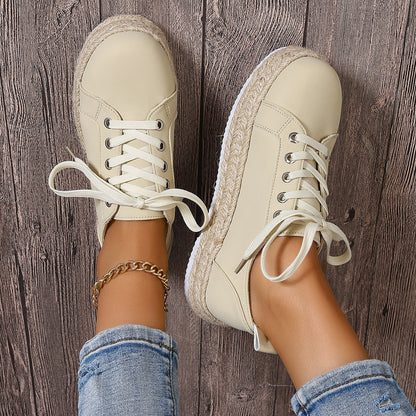 Briar - Women's Rope-Sole Lace-Up Sneakers, Breathable Round-Toe Flats