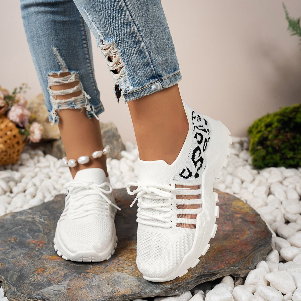 Cleo - Women's Leopard Print Knit Sneakers, Breathable Wave-Sole Shoes