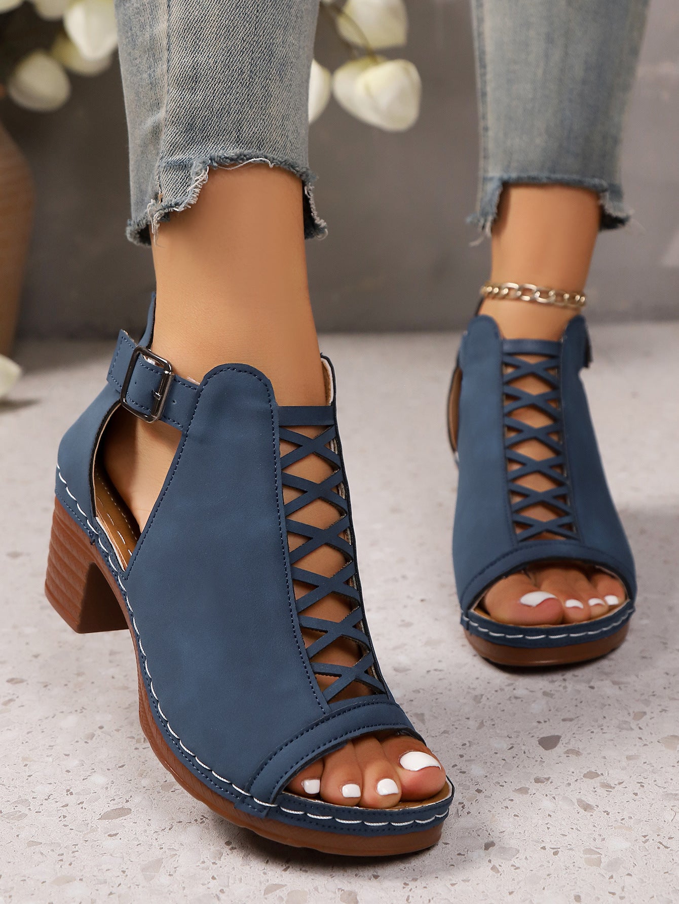 Sofia - Women's Roman Cut-Out Block Heel Sandals, Buckle Strap Shoes