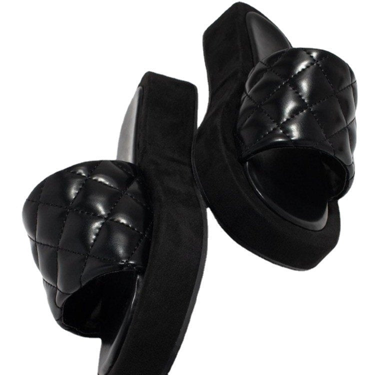Luna - Women's Plaid Platform Slides, Thick Sole Thong Sandals