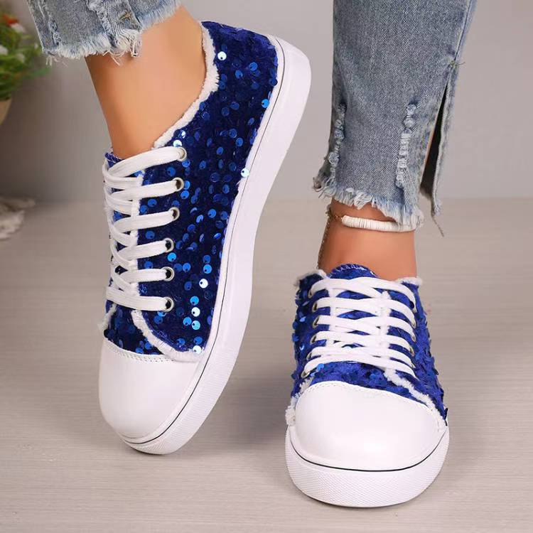 Mia - Women's Sequin Round-Toe Lace-Up Sneakers, Sparkly Casual Flats