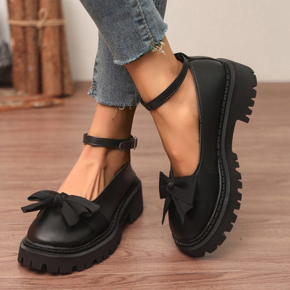 Edie - Women's Bow Detail Platform Loafers, Korean-Style Retro Flats