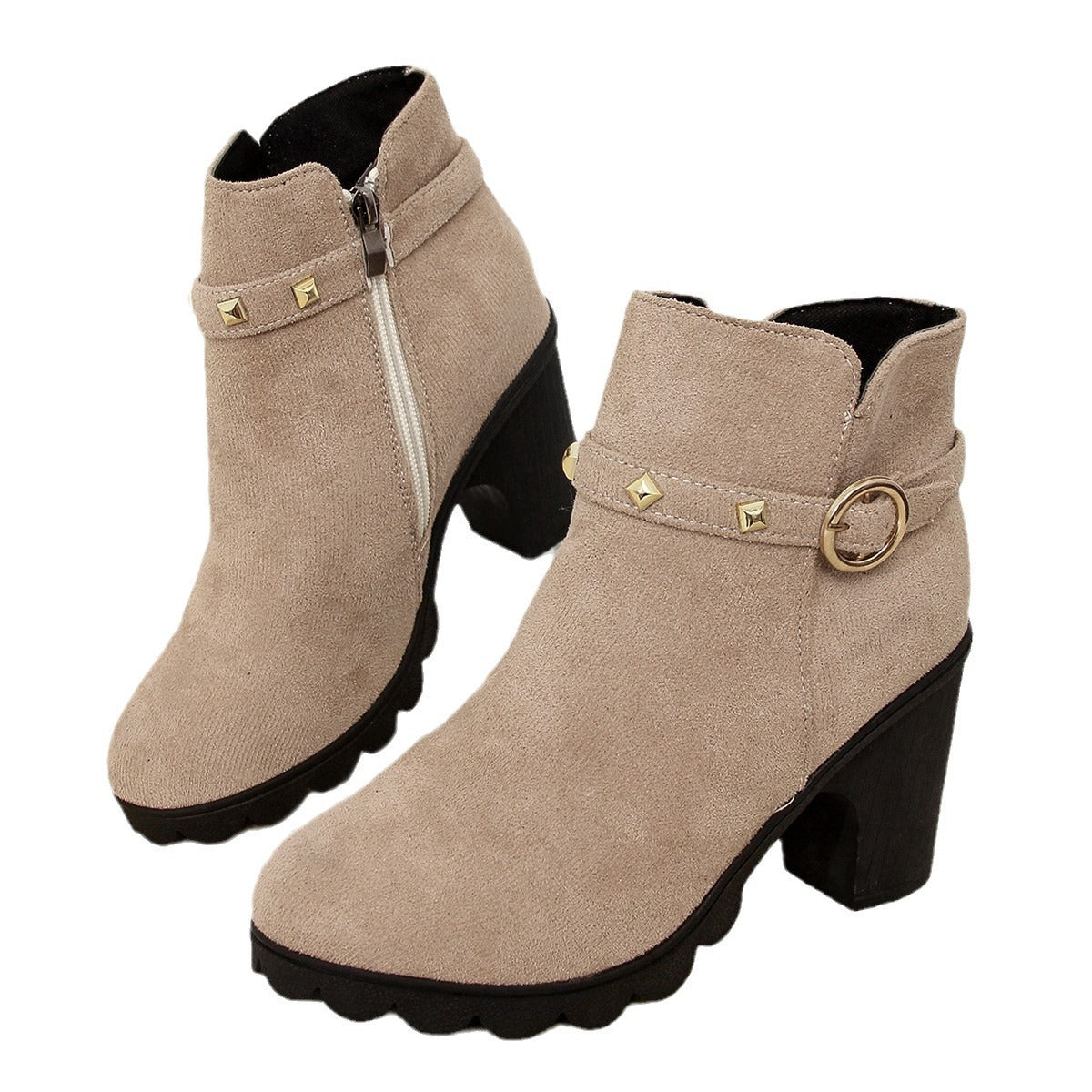 Mara - Women's Chunky Heel Side-Zip Boots, Studded Round-Toe Booties