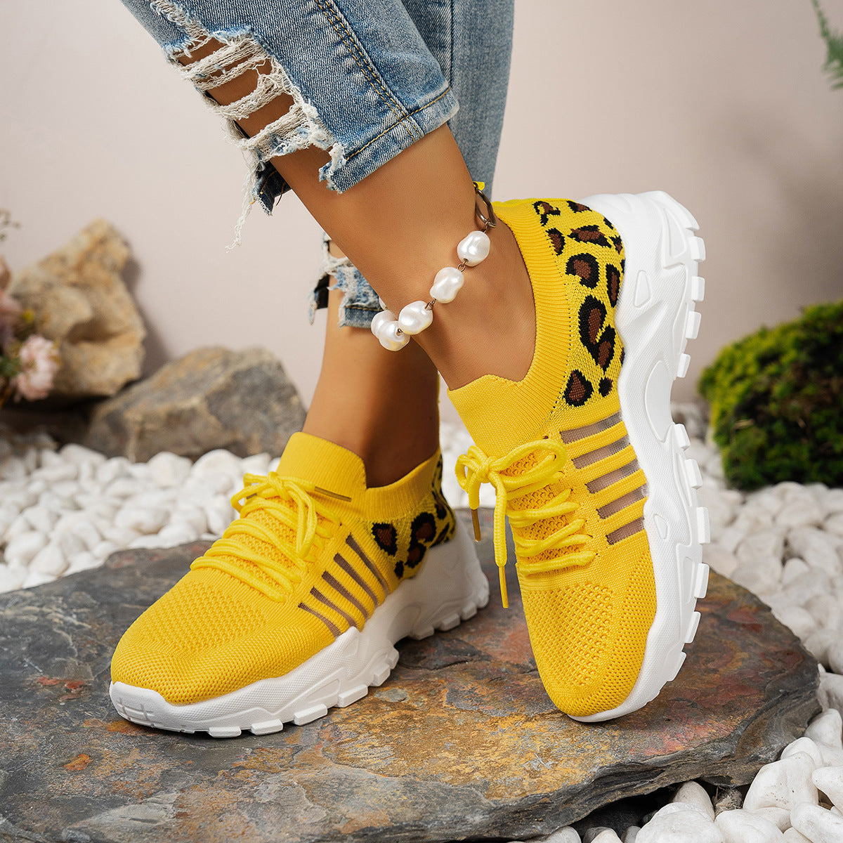 Cleo - Women's Leopard Print Knit Sneakers, Breathable Wave-Sole Shoes