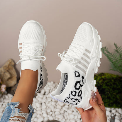 Cleo - Women's Leopard Print Knit Sneakers, Breathable Wave-Sole Shoes