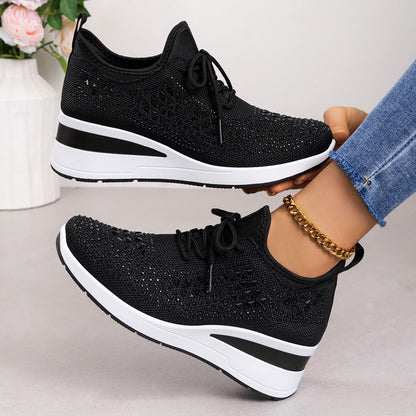 Cleo - Women's Rhinestone Lace-Up Sneakers, Height-Boosting Casual Shoes