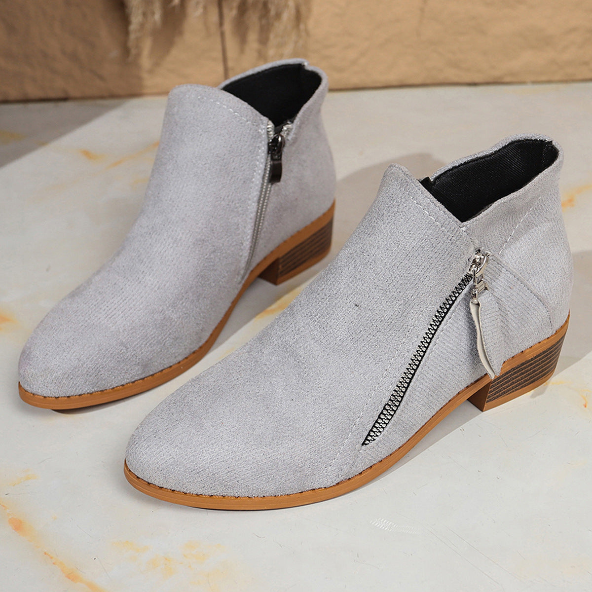 Nora - Women's Suede Chunky Heel Ankle Boots, Side-Zip Booties