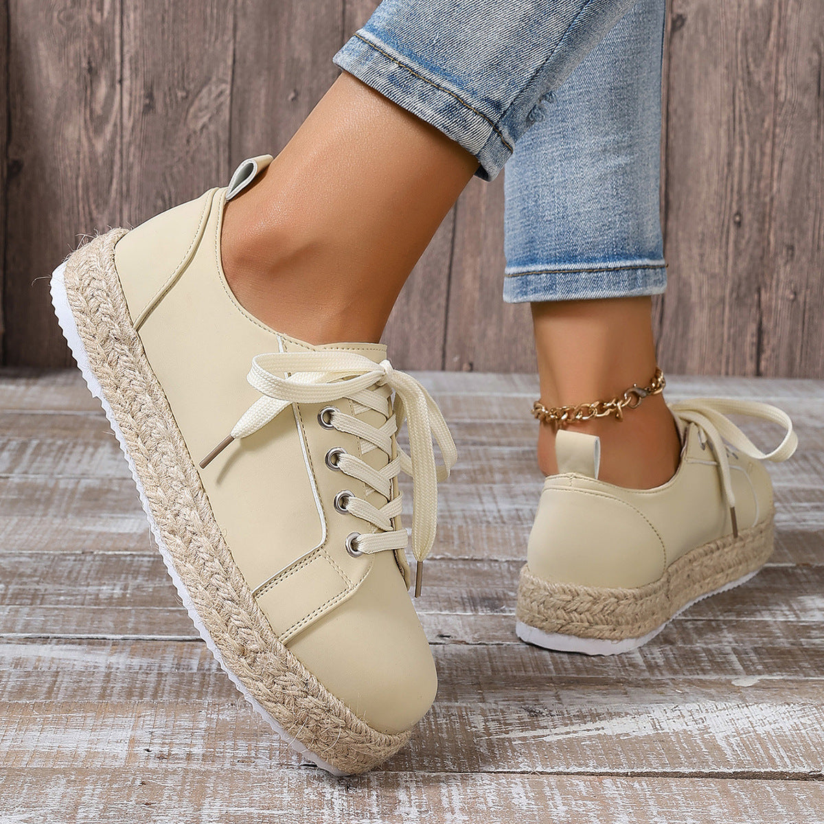 Briar - Women's Rope-Sole Lace-Up Sneakers, Breathable Round-Toe Flats