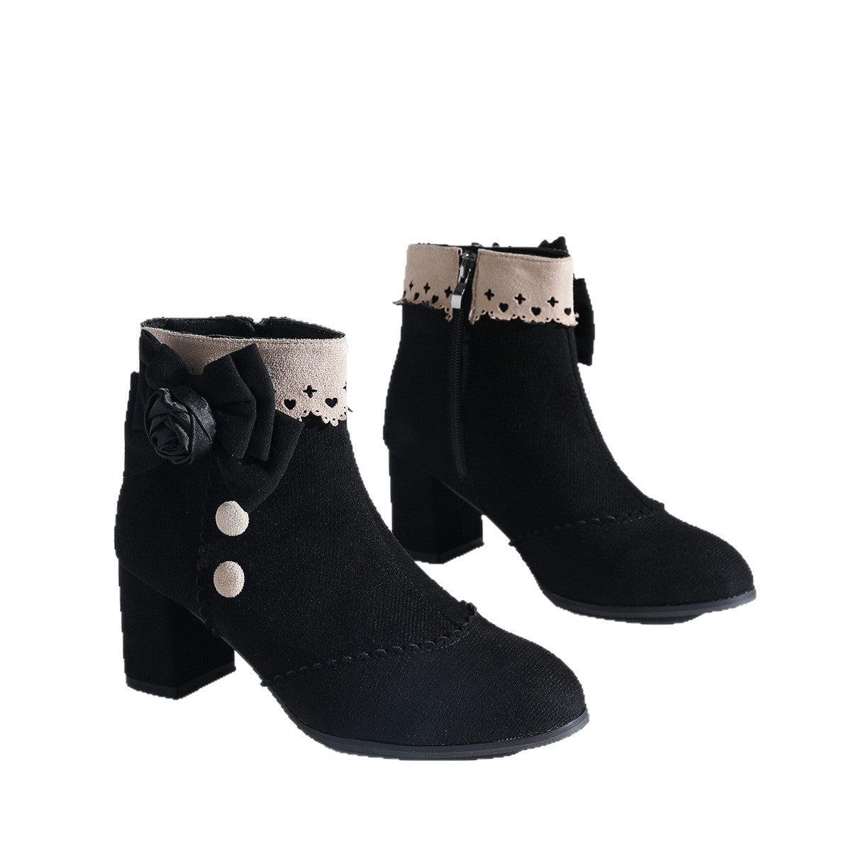 Skye - Women's Lace Trim Chunky Heel Boots, Studded Round-Toe Ankle Booties