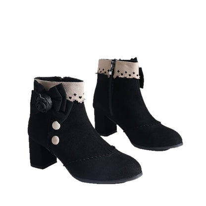 Skye - Women's Lace Trim Chunky Heel Boots, Studded Round-Toe Ankle Booties