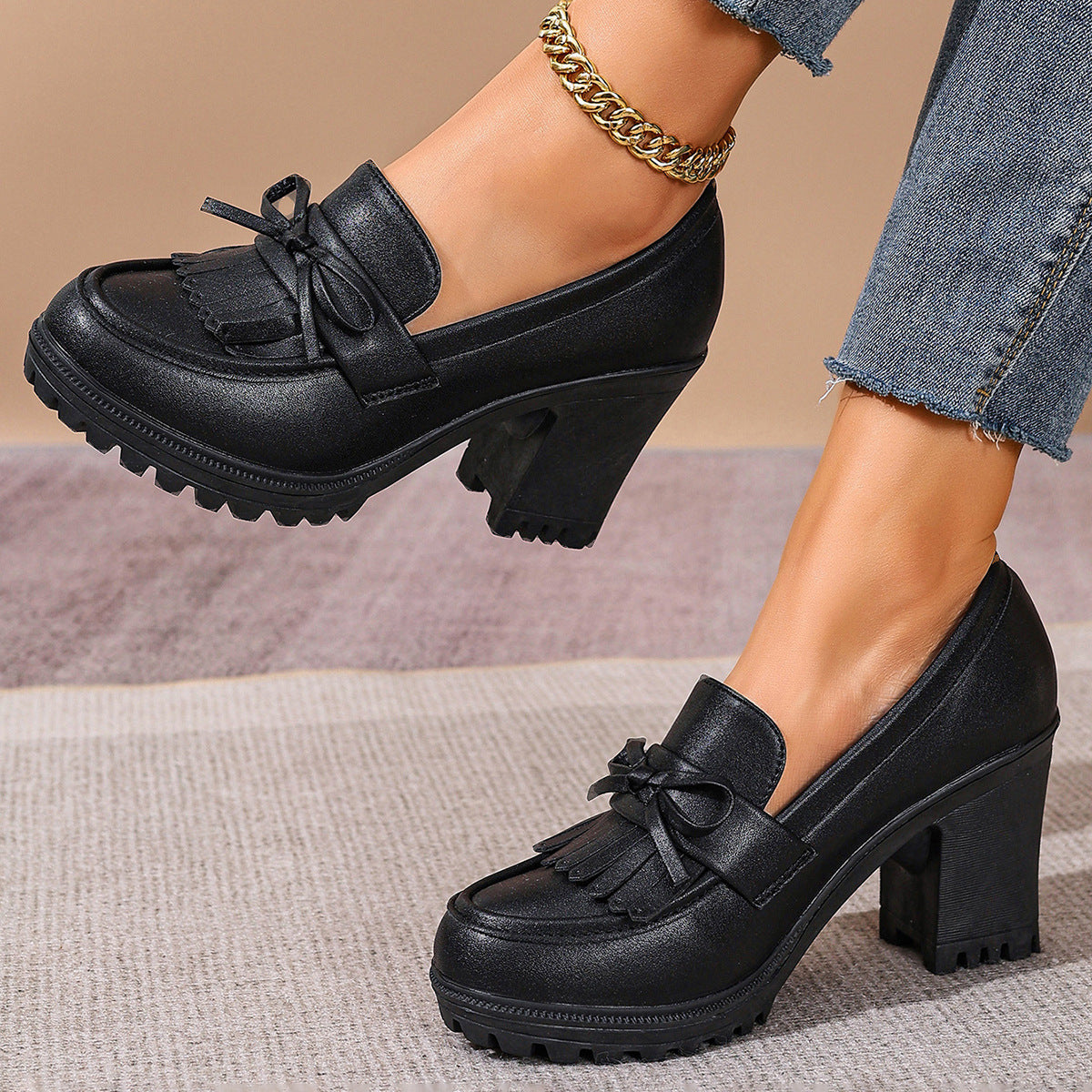 Cleo - Women's British-Style Patent Loafers, Chunky Heel Slip-On Shoes