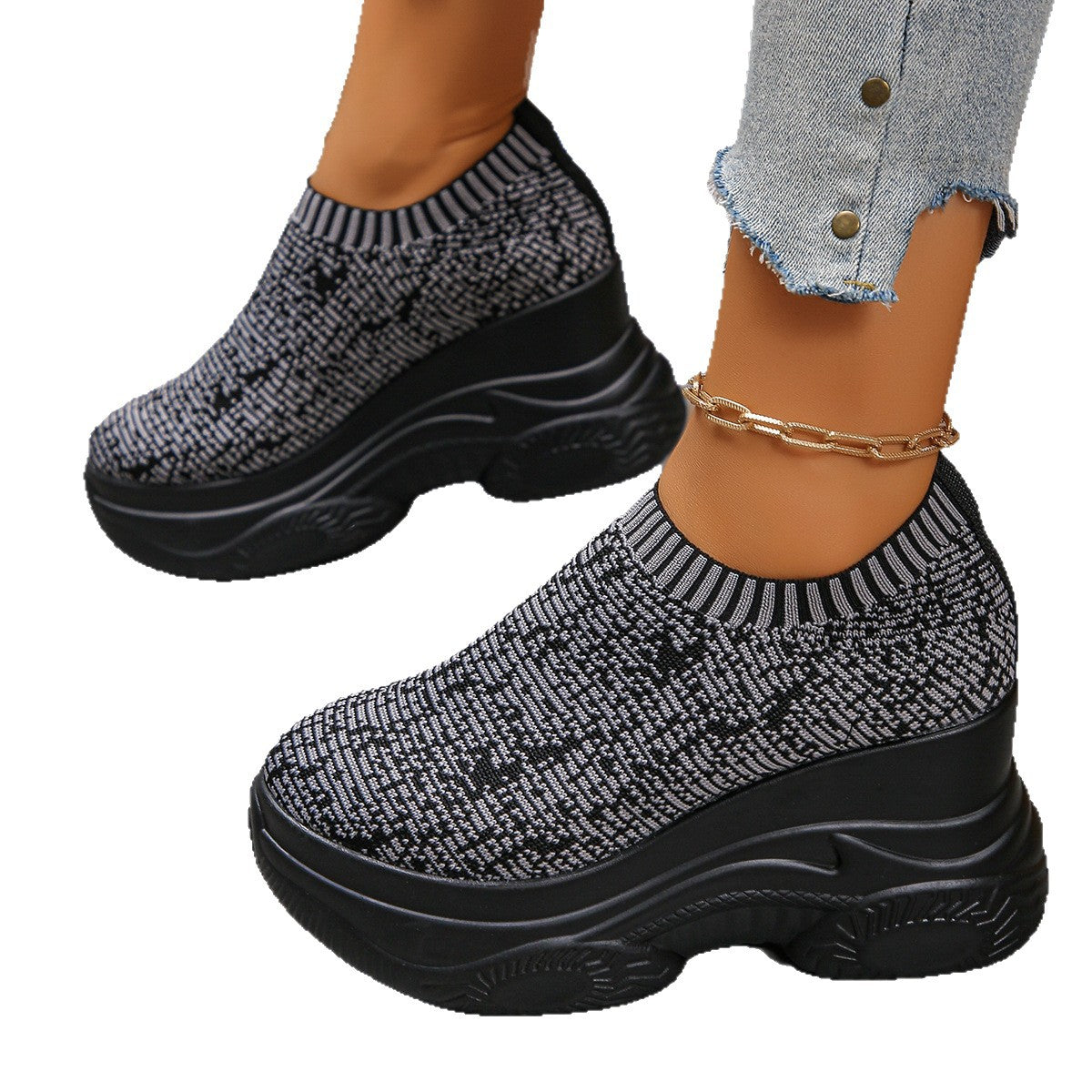 Sofia - Women's Knit Round-Toe French Heels, Color-Block Block Heel Flats