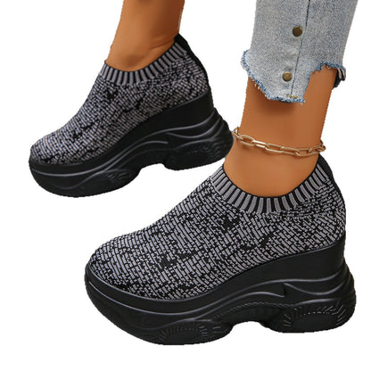 Sofia - Women's Knit Round-Toe French Heels, Color-Block Block Heel Flats