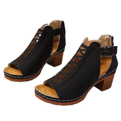 Sofia - Women's Roman Cut-Out Block Heel Sandals, Buckle Strap Shoes