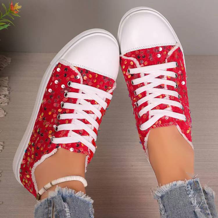 Mia - Women's Sequin Round-Toe Lace-Up Sneakers, Sparkly Casual Flats
