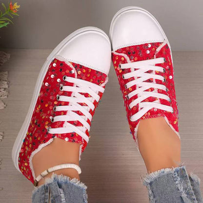 Mia - Women's Sequin Round-Toe Lace-Up Sneakers, Sparkly Casual Flats