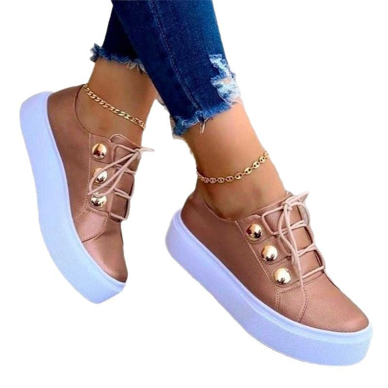 Luna - Women's Round-Toe Platform Flats, Metallic Thick Sole Casual Shoes