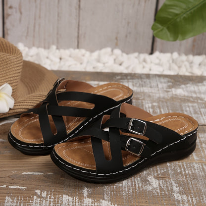 Talia - Women's Crossover Platform Slides, Buckle Strap Comfort Sandals