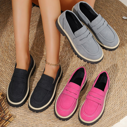 Mara - Women's Suede Block Heel Loafers, British-Style Retro Flats