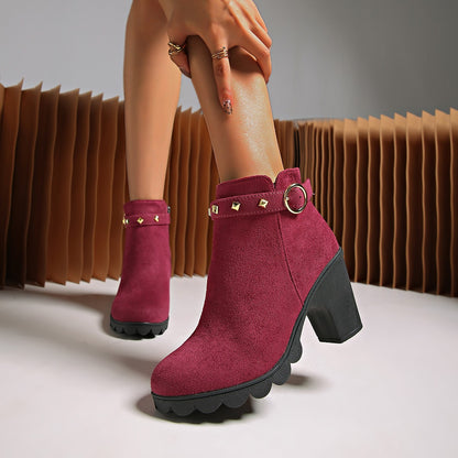 Mara - Women's Chunky Heel Side-Zip Boots, Studded Round-Toe Booties