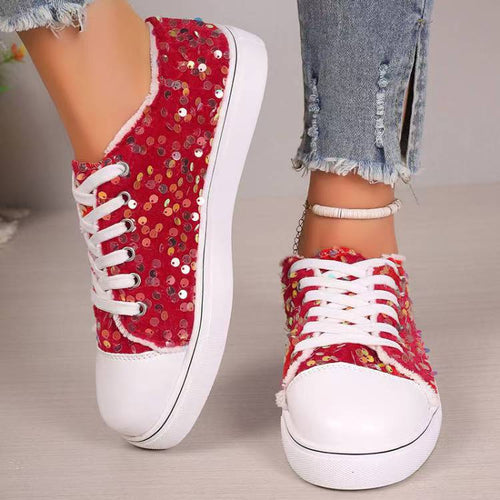 Mia - Women's Sequin Round-Toe Lace-Up Sneakers, Sparkly Casual Flats