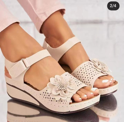 Ines - Women's Floral Cut-Out Wedge Sandals, Adjustable Strap Platform Shoes