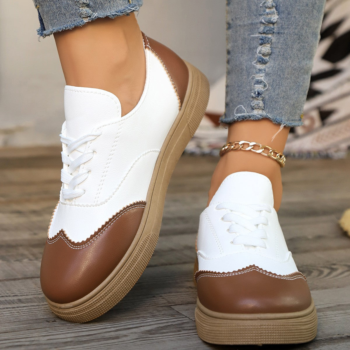 Ivy - Women's Retro Color-Block Skate Sneakers, Lace-Up Casual Flats
