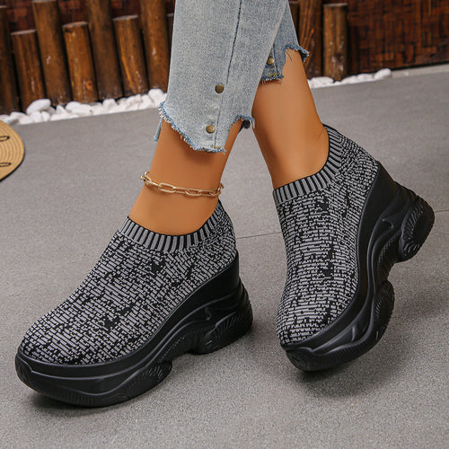 Sofia - Women's Knit Round-Toe French Heels, Color-Block Block Heel Flats