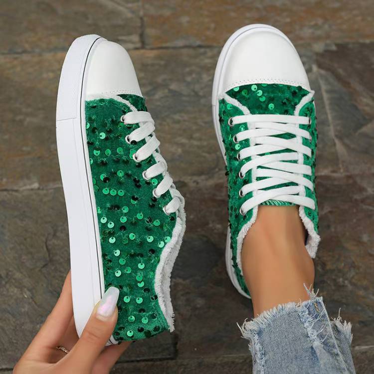 Mia - Women's Sequin Round-Toe Lace-Up Sneakers, Sparkly Casual Flats