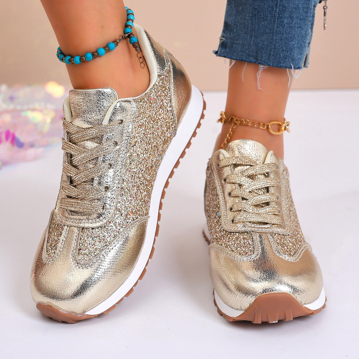 Lyra - Women's Sequin Dad Sneakers, Sparkly Platform Casual Shoes
