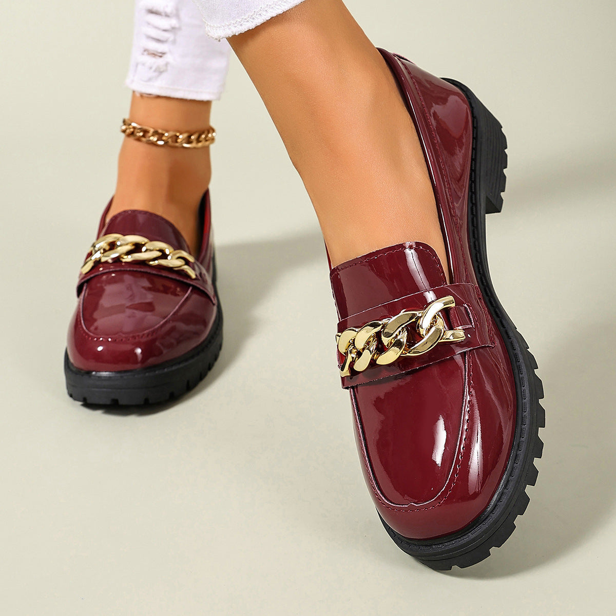 Briar - Women's Metal Chain Loafers, British-Style Leather Flats