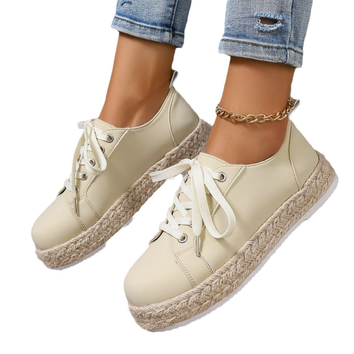 Briar - Women's Rope-Sole Lace-Up Sneakers, Breathable Round-Toe Flats