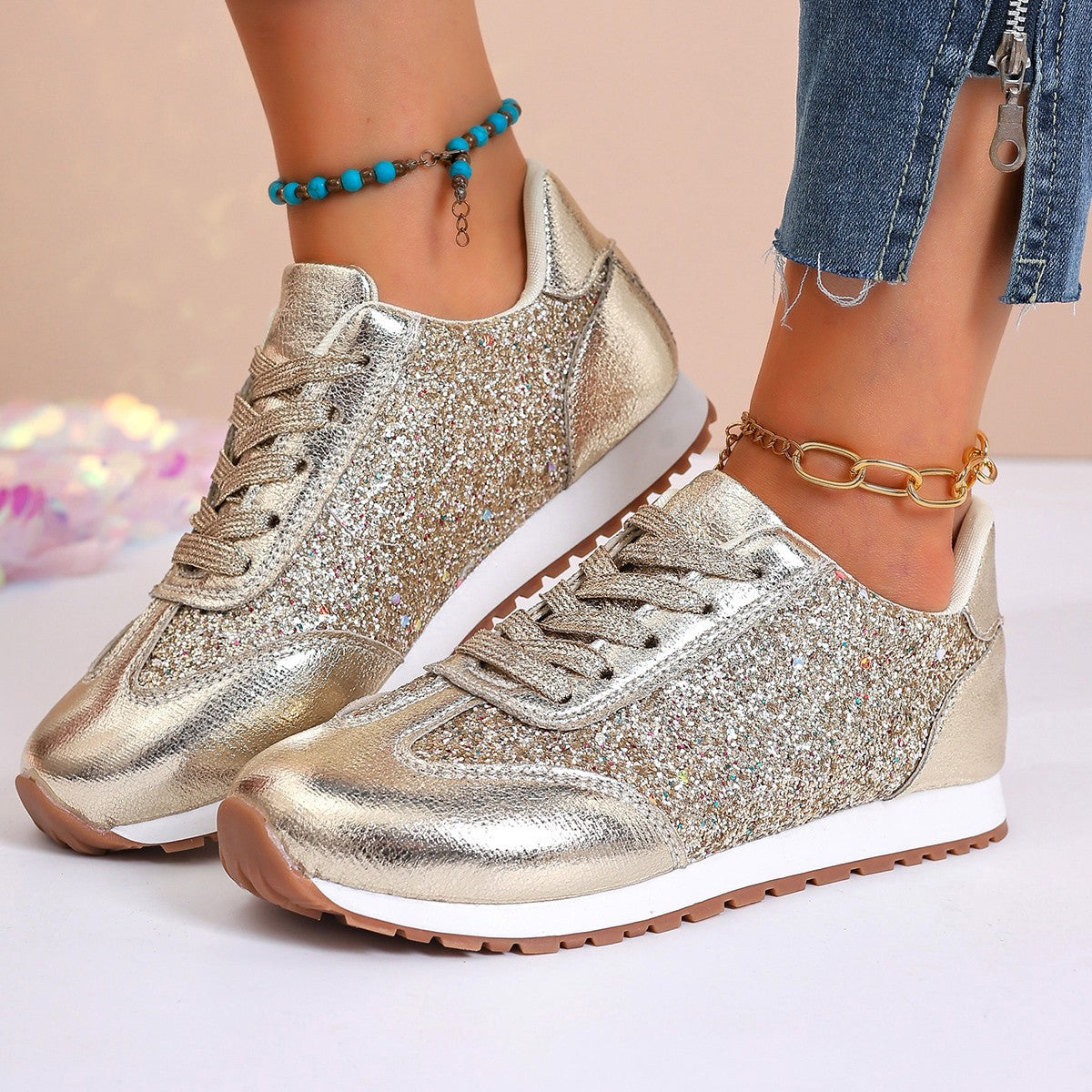 Lyra - Women's Sequin Dad Sneakers, Sparkly Platform Casual Shoes