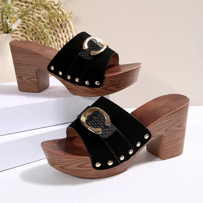 Maeve - Women's Vintage Roman Slide Heels, Block Heel Open-Toe Slides