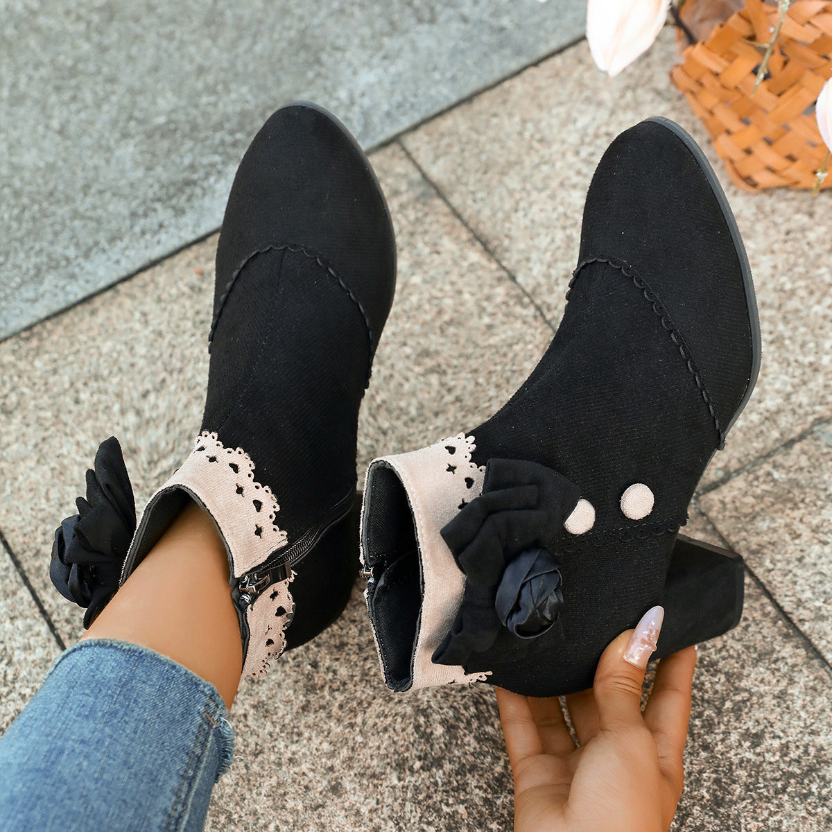 Skye - Women's Lace Trim Chunky Heel Boots, Studded Round-Toe Ankle Booties