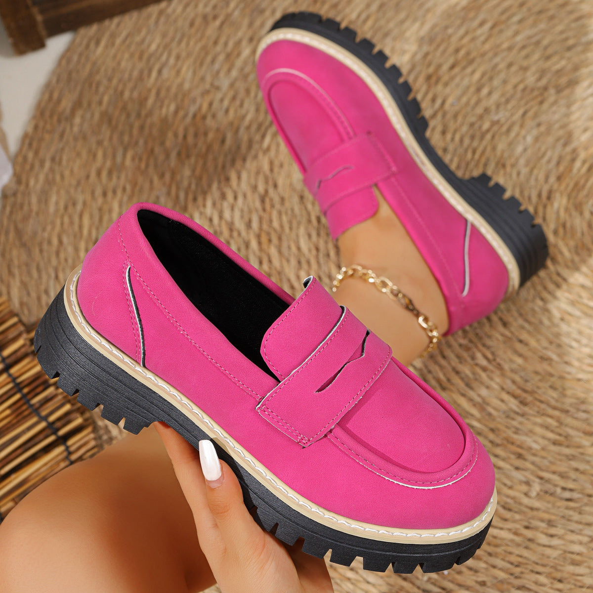 Mara - Women's Suede Block Heel Loafers, British-Style Retro Flats