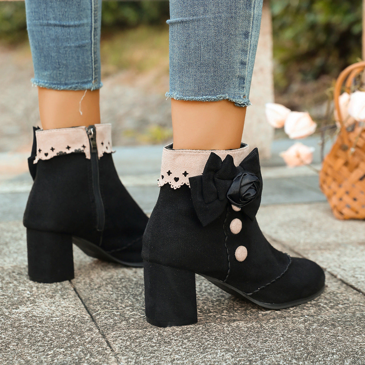 Skye - Women's Lace Trim Chunky Heel Boots, Studded Round-Toe Ankle Booties