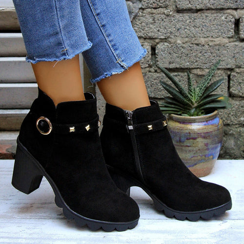 Mara - Women's Chunky Heel Side-Zip Boots, Studded Round-Toe Booties