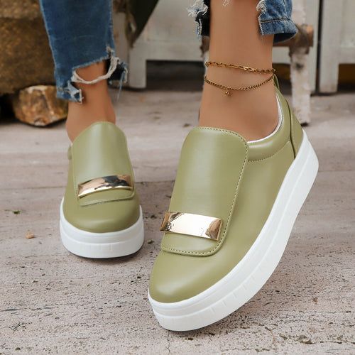 Sofia - Women's Round-Toe Platform Loafers, Metal Buckle Comfort Flats